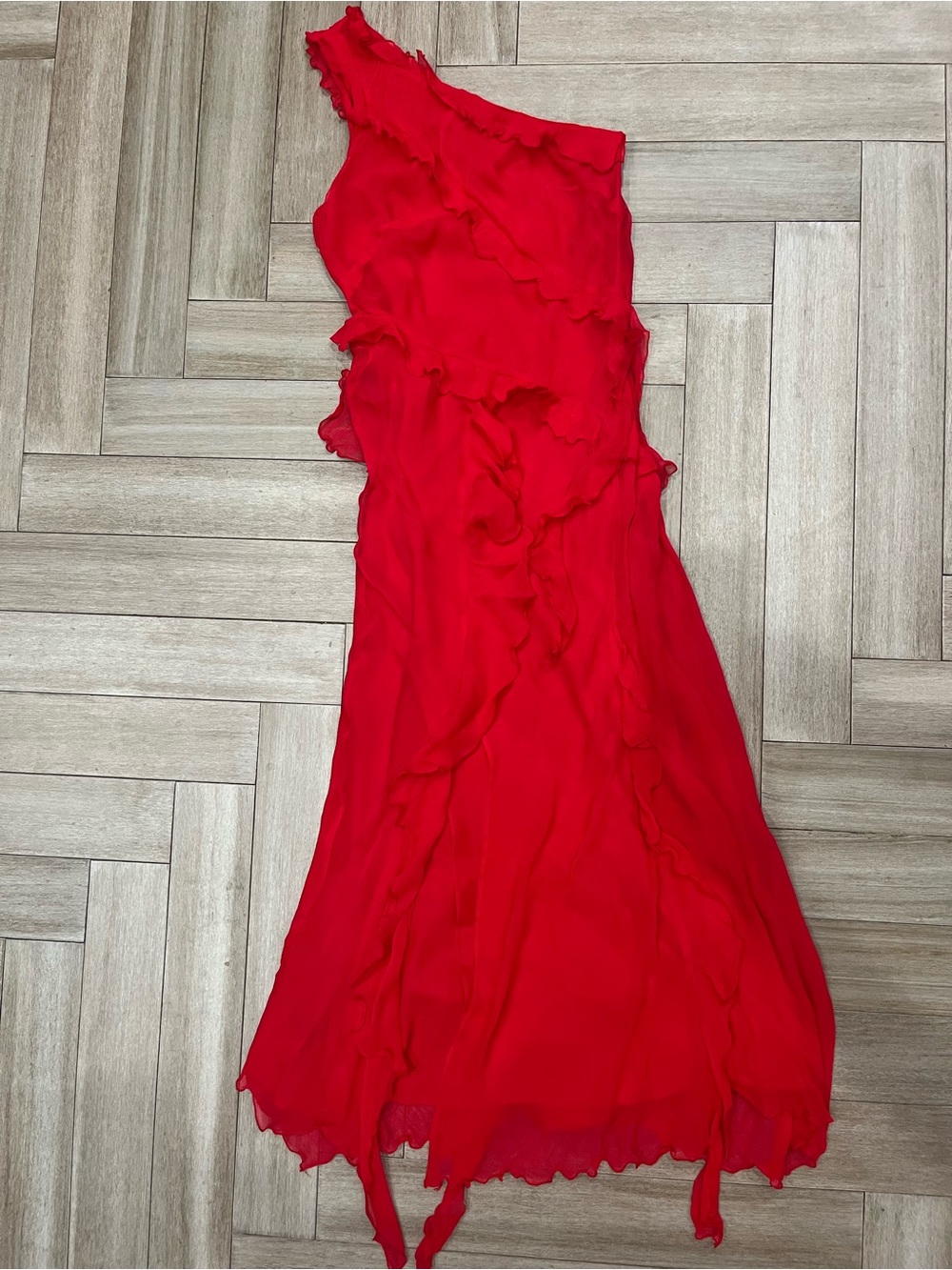 Mango One-Shoulder Ruffle Midi Dress in Red